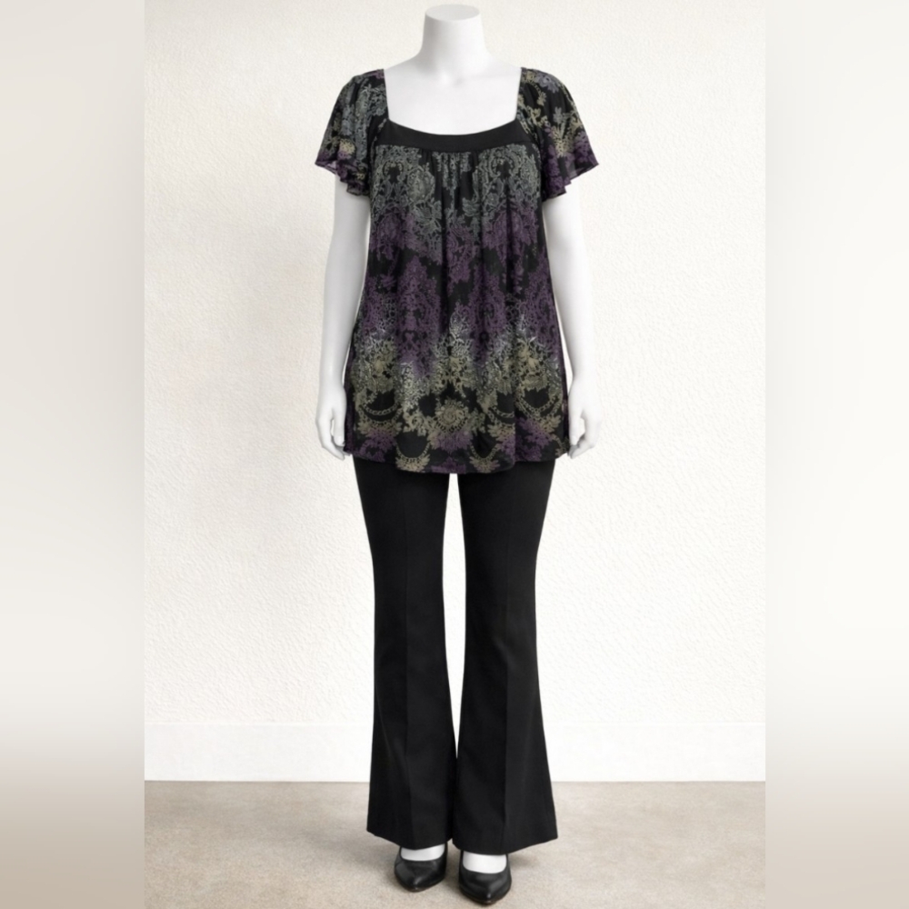 Floral Lace-Print Flutter Sleeve Top in Purple and Black